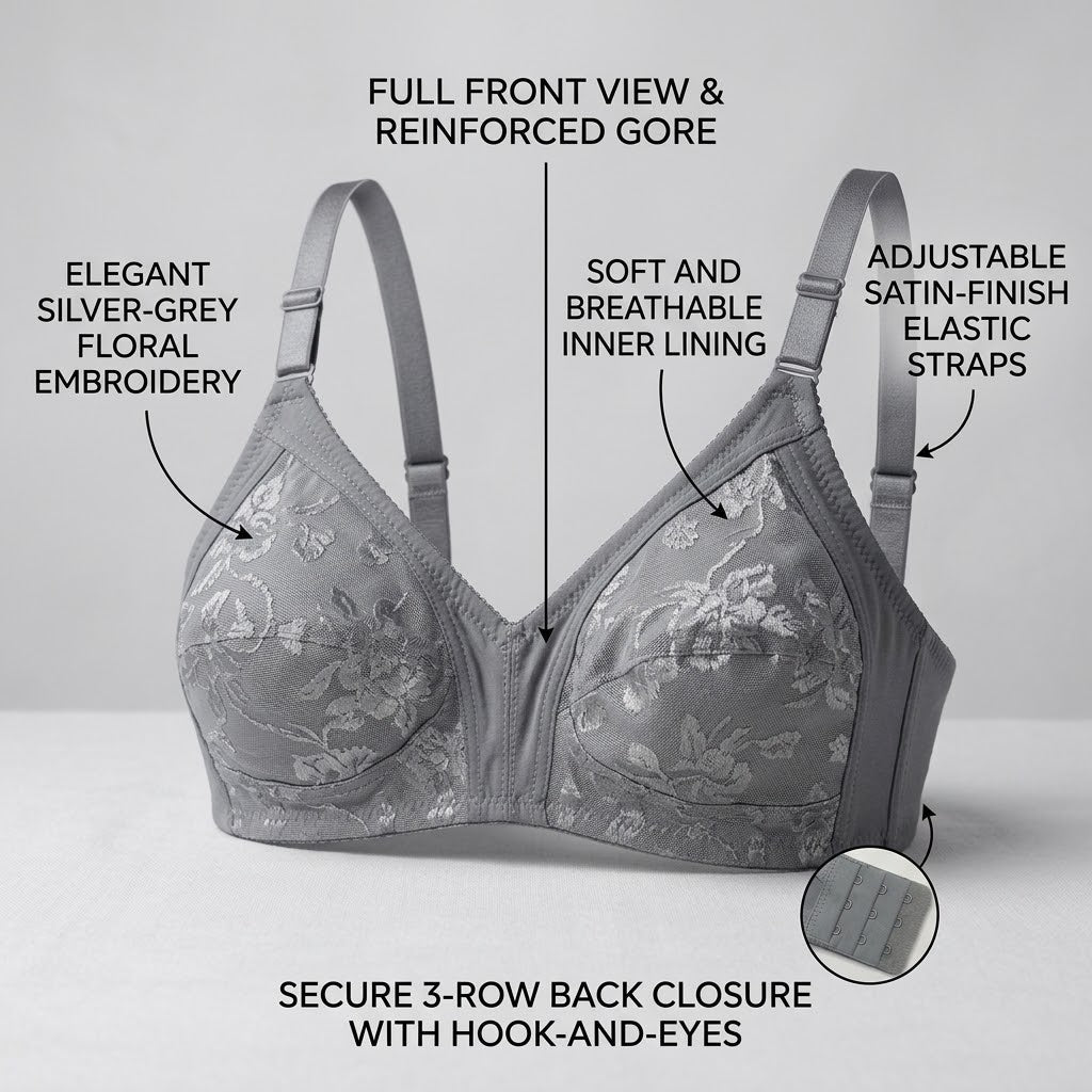 SilkeSoft Bloom Comfort Bra – Silver Grey Floral Full Coverage Wireless Bra