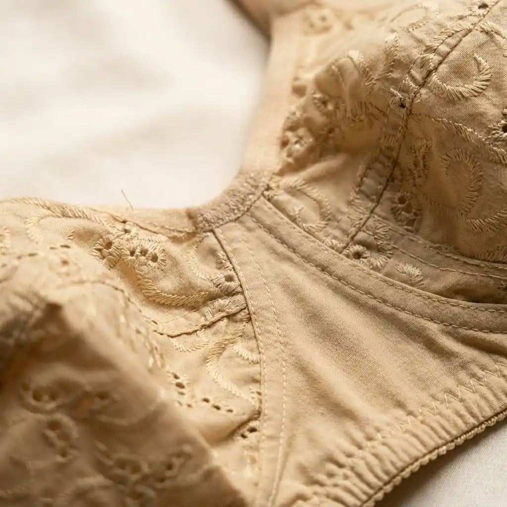 Close-up of a beige embroidered bra with intricate floral lace and eyelet embroidery on a soft white background.