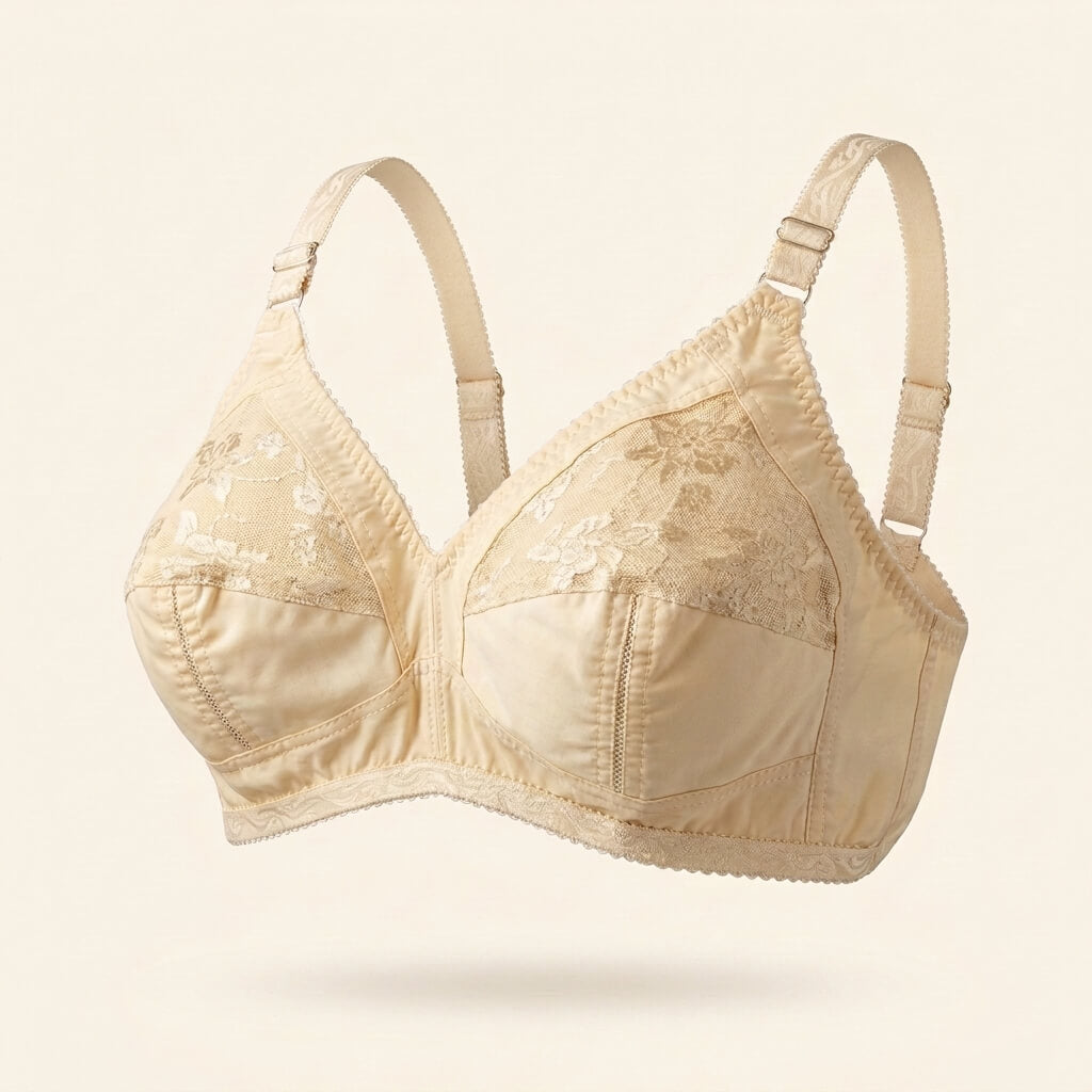 SilkeSoft nude cotton full coverage bra with floral embroidery, breathable cotton-blend fabric, adjustable straps, and wire-free everyday comfort.