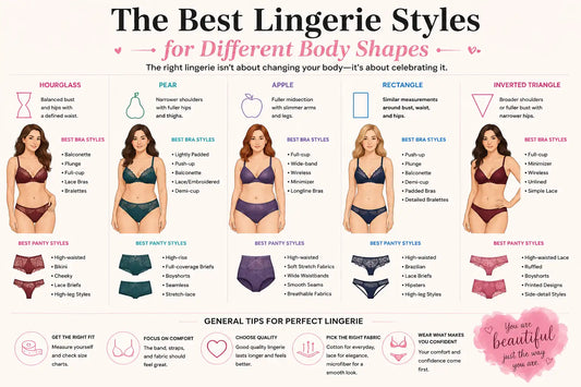 The Best Lingerie Styles for Different Body Shapes,” showing recommended bra and panty styles for hourglass, pear, apple, rectangle, and inverted triangle body shapes, along with general tips for fit, comfort, quality, fabric, and confidence.