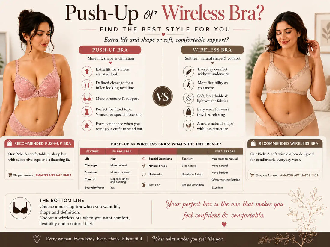 Push-up vs wireless bra comparison infographic showing two women wearing lingerie, with side-by-side benefits, comfort, lift, support, natural shape, and a comparison table to help women choose the best bra style.