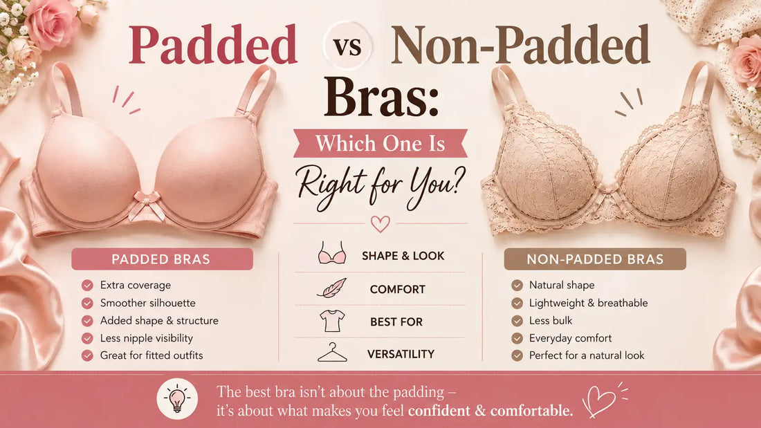 Padded vs non-padded bras infographic comparing coverage, shape, comfort, breathability, and everyday wear.