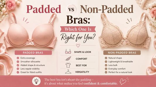 Padded vs non-padded bras infographic comparing coverage, shape, comfort, breathability, and everyday wear.