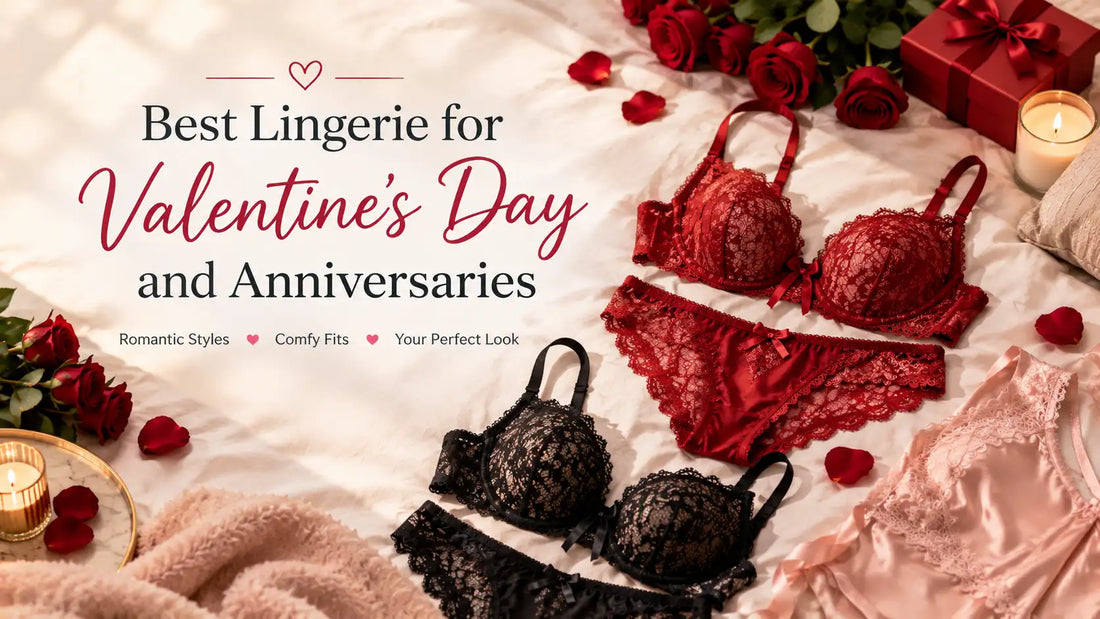 Best lingerie for Valentine’s Day and anniversaries featuring red and black lace lingerie sets, blush satin lingerie, roses, candles, and romantic bedroom decor.