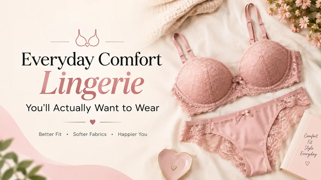 Pink lace lingerie set for comfortable everyday wear on a soft cream background with “Everyday Comfort Lingerie” blog text.