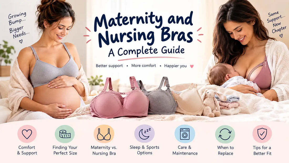 Maternity and nursing bras guide showing pregnancy comfort, nursing support, sizing, sleep, sports, and care tips.