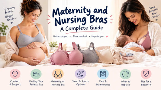Maternity and nursing bras guide showing pregnancy comfort, nursing support, sizing, sleep, sports, and care tips.