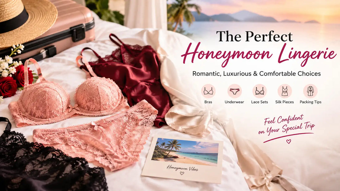Romantic honeymoon lingerie featuring lace bras, satin sleepwear, silk pieces, and travel essentials for a luxurious and comfortable honeymoon
