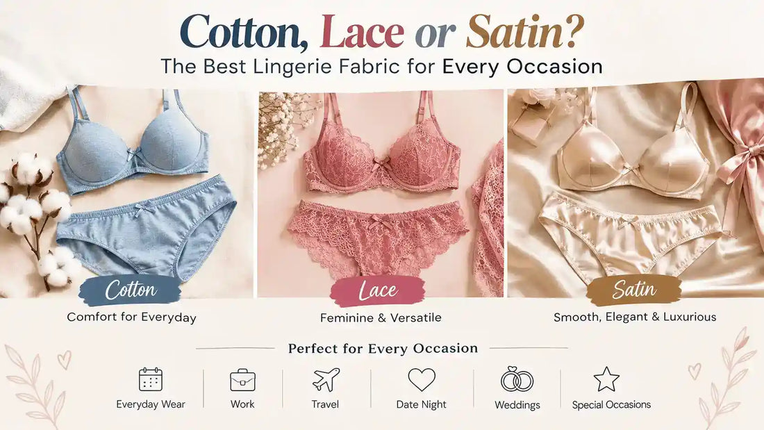 Cotton, lace, and satin lingerie compared for different occasions, showing everyday comfort, feminine style, luxury, work, travel, date nights, weddings, and special occasions.