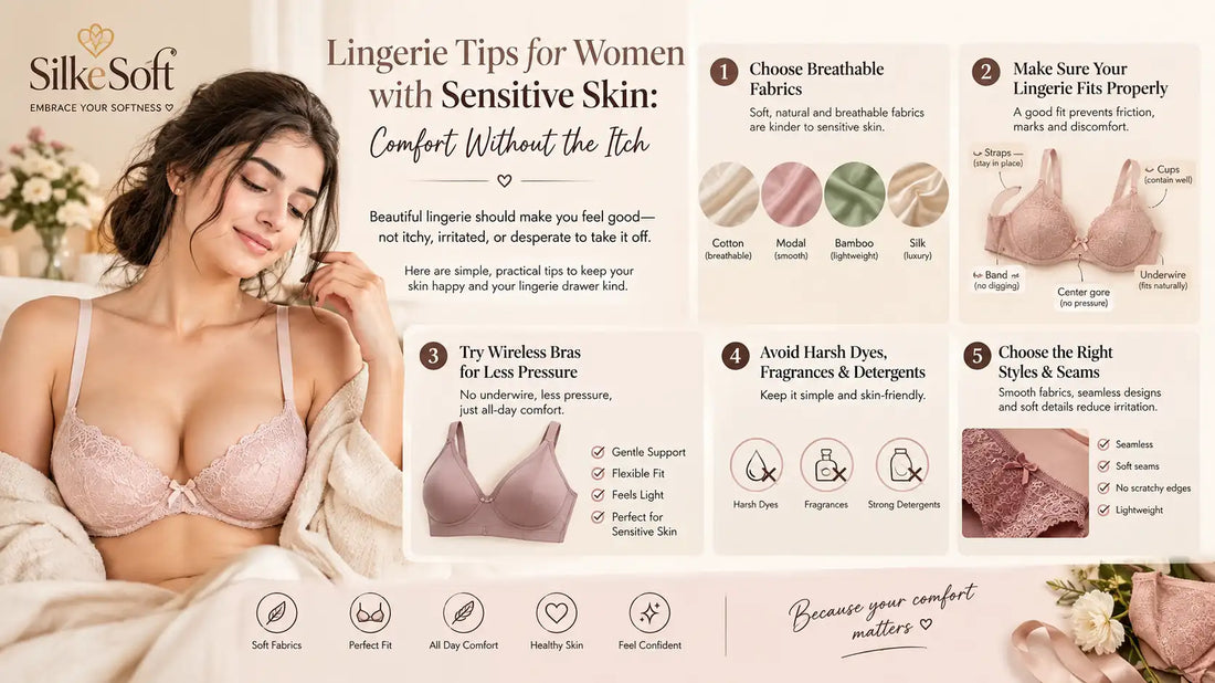 **Alt text:** Lingerie tips for women with sensitive skin, featuring a woman in a pink lace bra and five tips covering breathable fabrics, proper fit, wireless bras, gentle detergents, and soft seamless styles.