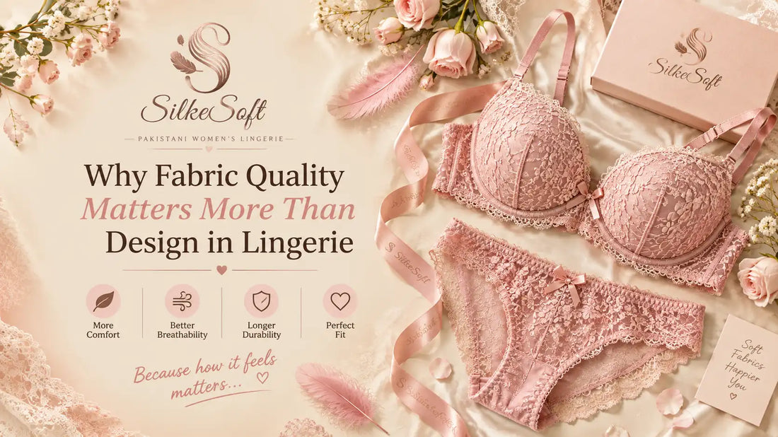 SilkeSoft luxury pink embroidered lingerie set with floral details on a soft cream background.