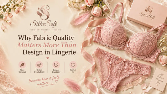 SilkeSoft luxury pink embroidered lingerie set with floral details on a soft cream background.