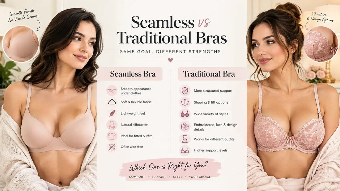 Seamless vs traditional bras infographic comparing comfort, smooth appearance, support, shaping, style, and outfit suitability with two models in elegant lingerie.