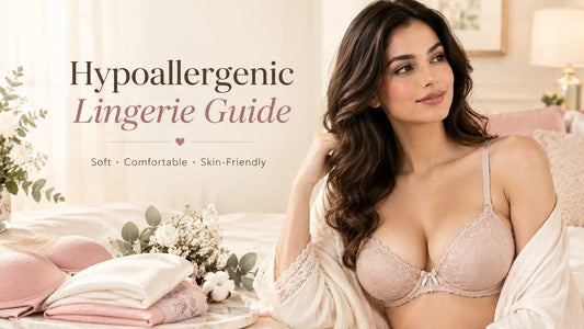 Elegant adult woman wearing blush-pink lingerie and a cream robe in a softly lit bedroom, with text reading “Hypoallergenic Lingerie Guide” and soft, comfortable, skin-friendly lingerie details.