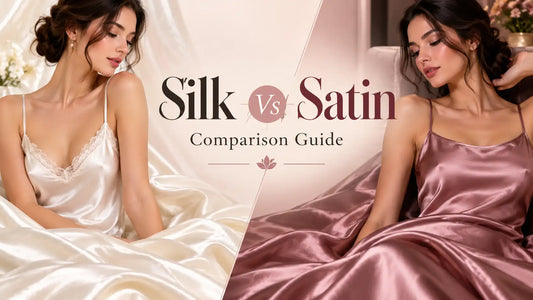Silk vs satin comparison guide showing elegant sleepwear styles in soft neutral tones.