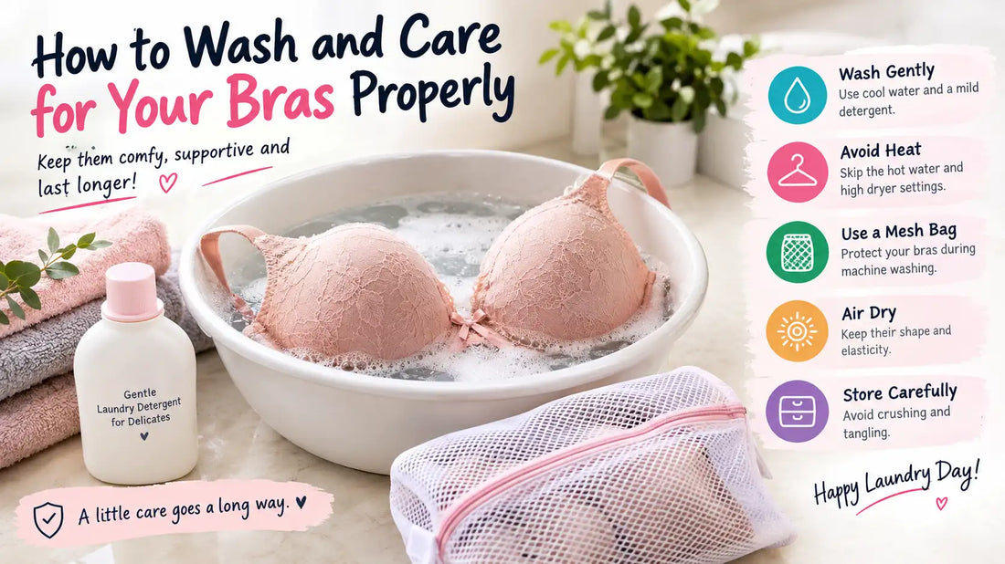 Infographic showing how to wash and care for bras with gentle detergent, cool water, a mesh bag, and air-drying tips.