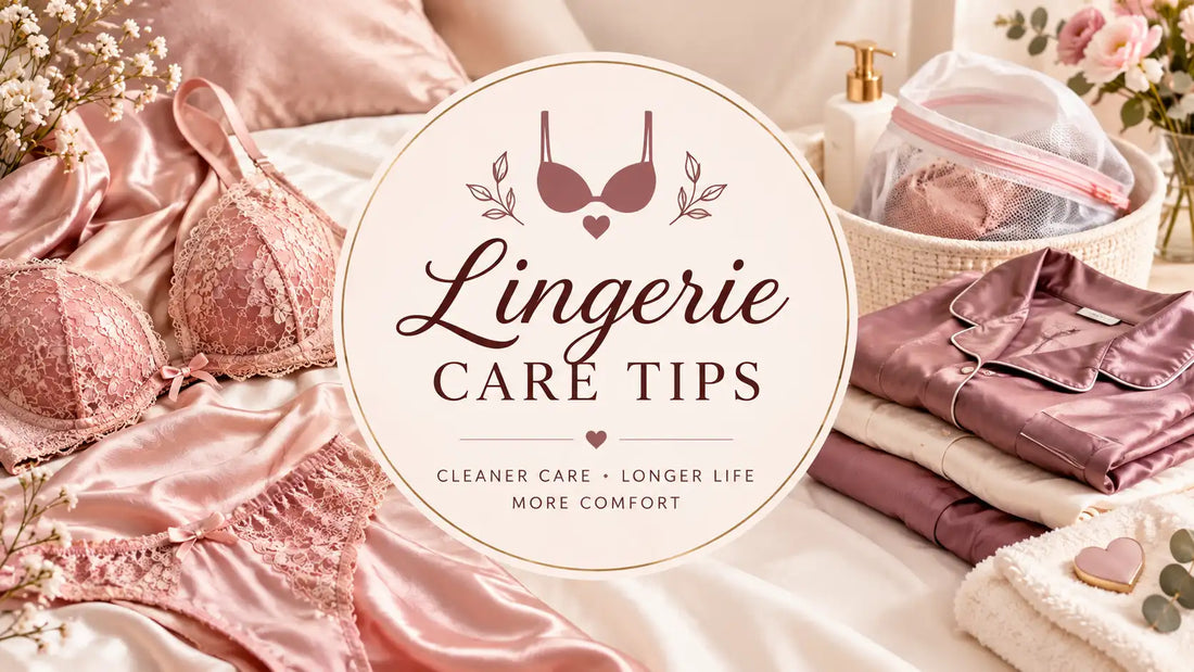 Elegant lingerie care blog banner featuring pink lace lingerie, satin sleepwear, laundry accessories, and “Lingerie Care Tips” text in a soft blush and cream setting.