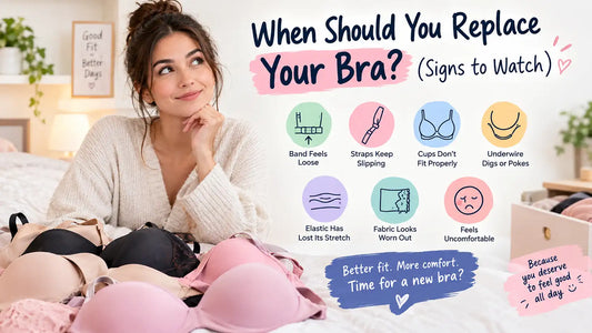 Woman viewing bra replacement signs, including loose band, slipping straps, poor fit, worn fabric, and discomfort.