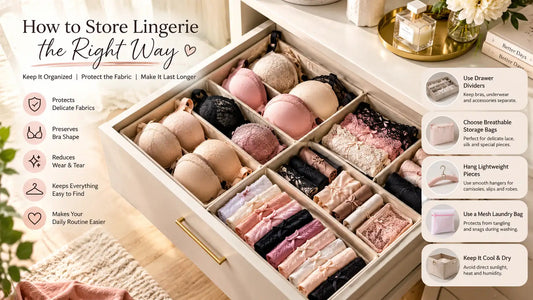Elegant lingerie drawer with organized bras, underwear, storage dividers, and delicate fabric bags in a bright luxury bedroom.