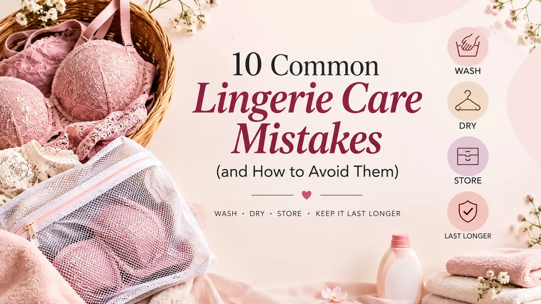 10 common lingerie care mistakes infographic featuring delicate lingerie, a mesh wash bag, laundry care icons, drying and storage tips, and pastel feminine styling.