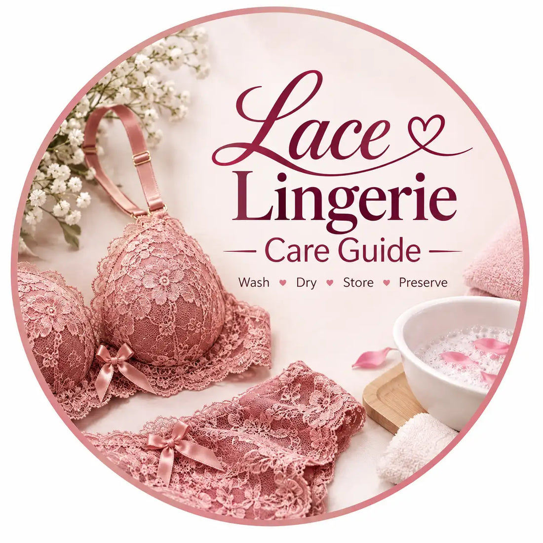 Lace lingerie care guide featuring pink lace lingerie, flowers, folded towels, and a gentle washing setup.