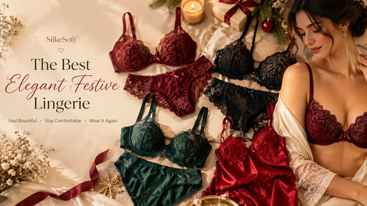 Elegant festive lingerie collection featuring burgundy, red, black, and emerald lace bras and satin pieces, styled with a woman in an ivory robe, holiday décor, ribbons, candles, and luxury accents.