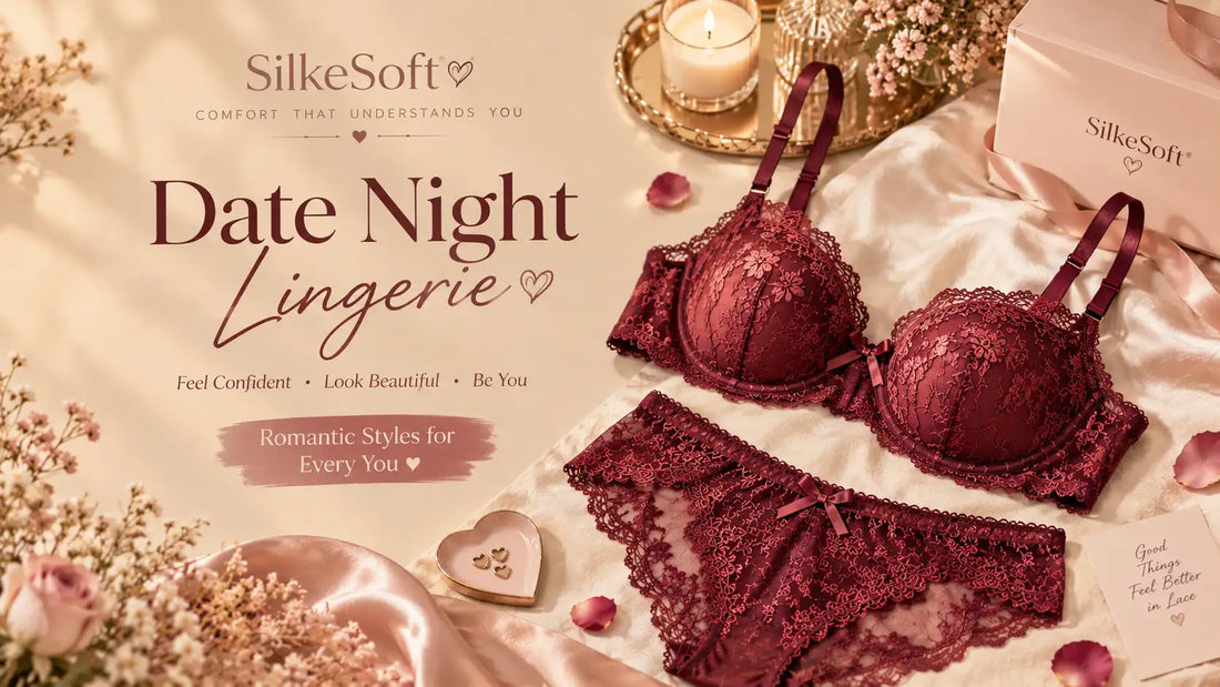 SilkeSoft burgundy lace date night lingerie set with satin, roses, and romantic decor.