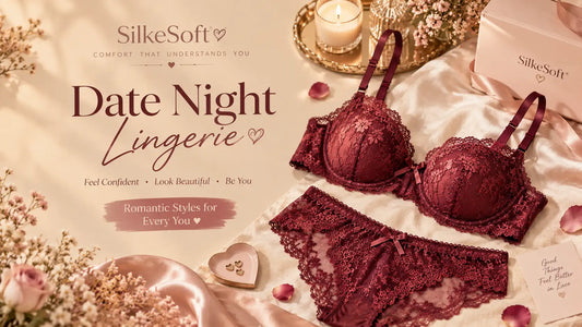 SilkeSoft burgundy lace date night lingerie set with satin, roses, and romantic decor.