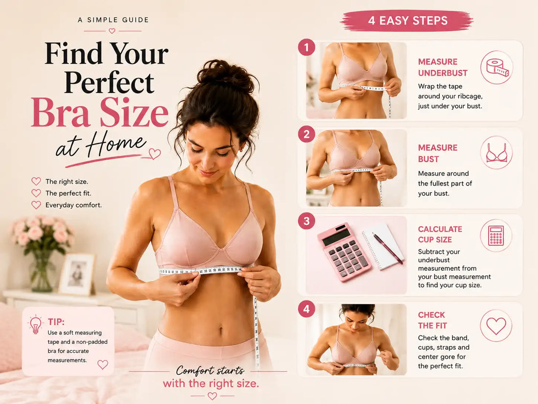 Pinterest infographic showing how to find your perfect bra size at home, with four steps: measure underbust, measure bust, calculate cup size, and check the bra fit for comfort and support.