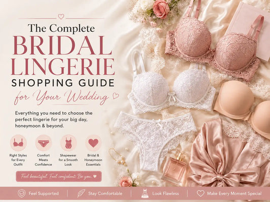 Bridal lingerie shopping guide featuring elegant lace bras, seamless underwear, satin nightwear, and bridal essentials in soft blush and ivory tones.