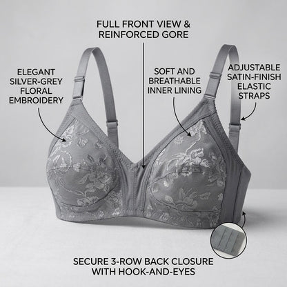 SilkeSoft Bloom Comfort Bra – Silver Grey Floral Full Coverage Wireless Bra