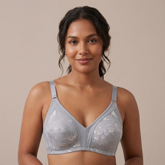SilkeSoft Bloom Comfort Bra – Silver Grey Floral Full Coverage Wireless Bra