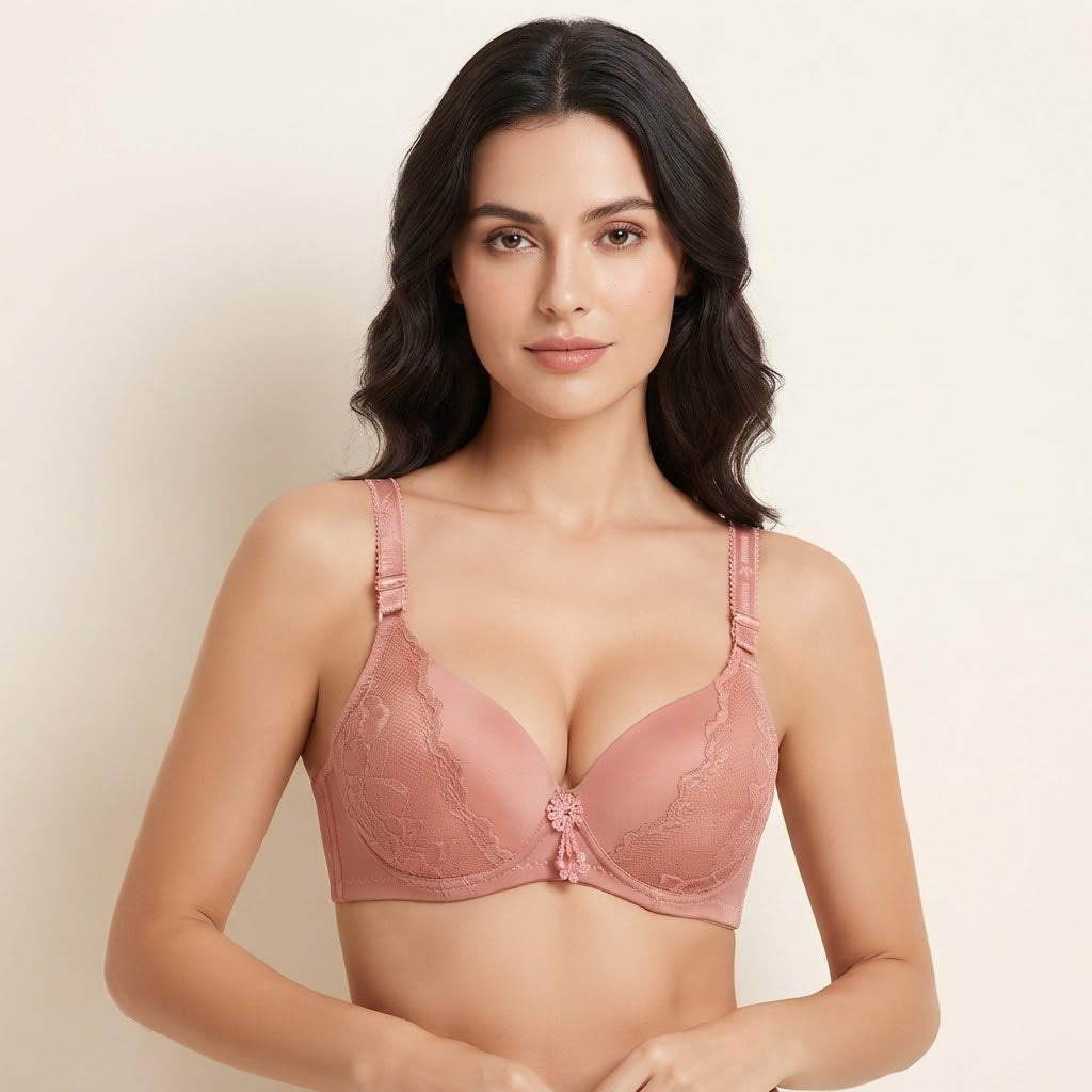 SilkeSoft Deep Red Floral Lace Padded Bra for Women