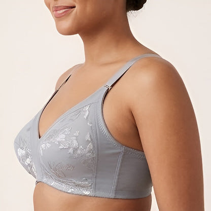 SilkeSoft Bloom Comfort Bra – Silver Grey Floral Full Coverage Wireless Bra