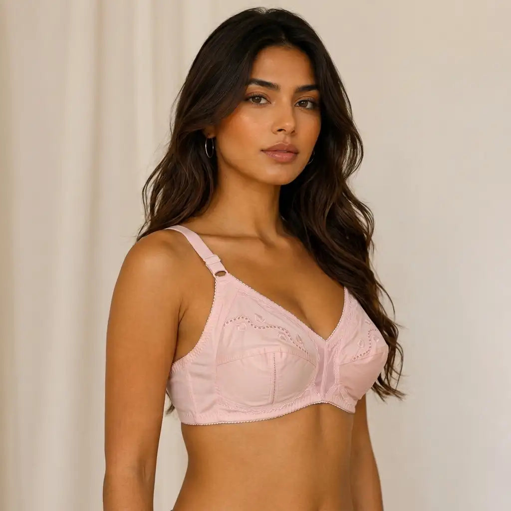 A woman modeling a light pink underwire bra with decorative eyelet embroidery and adjustable shoulder straps, set against a soft beige curtain background.