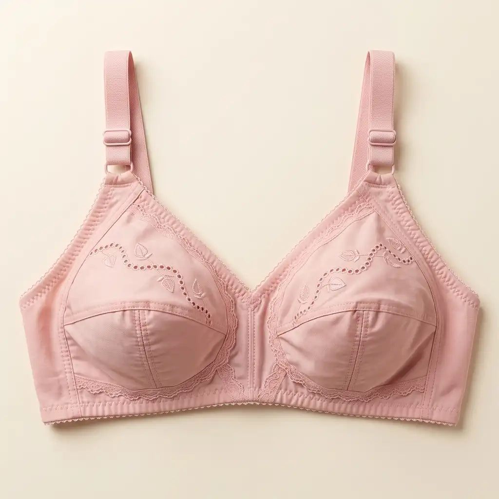 A light pink seamless underwire bra with adjustable shoulder straps and delicate floral embroidery on the cups, displayed flat against a warm cream background.