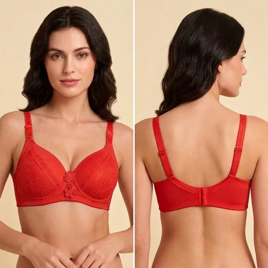 SilkeSoft Deep Red Floral Lace Padded Bra for Women