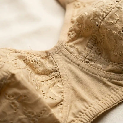Close-up of a beige embroidered bra with intricate floral lace and eyelet embroidery on a soft white background.