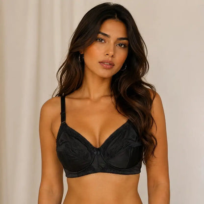 SilkeSoft Comfort Embroidered Non-Padded Cotton Bra – Black