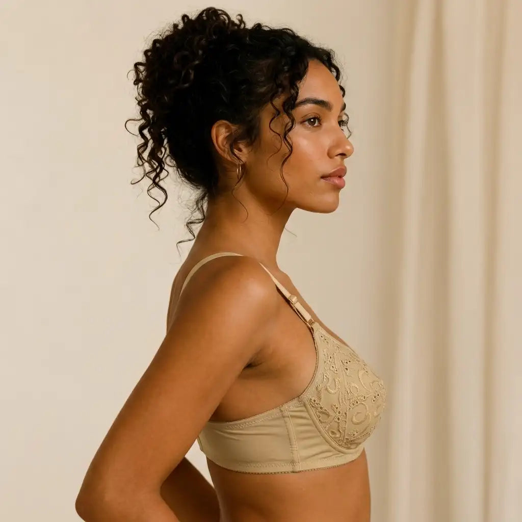 A woman in side profile wearing a beige lace-trimmed bra against a soft cream background.