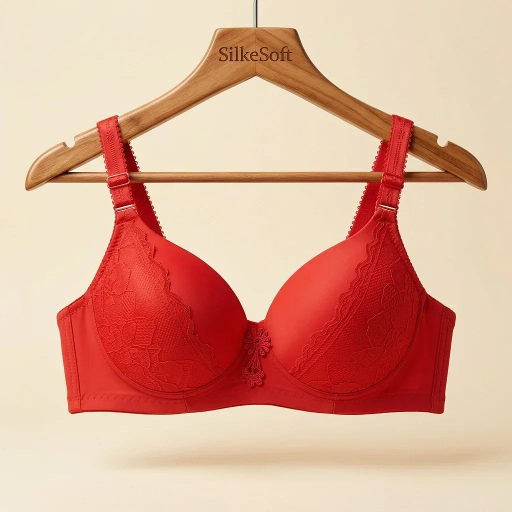 SilkeSoft Deep Red Floral Lace Padded Bra for Women