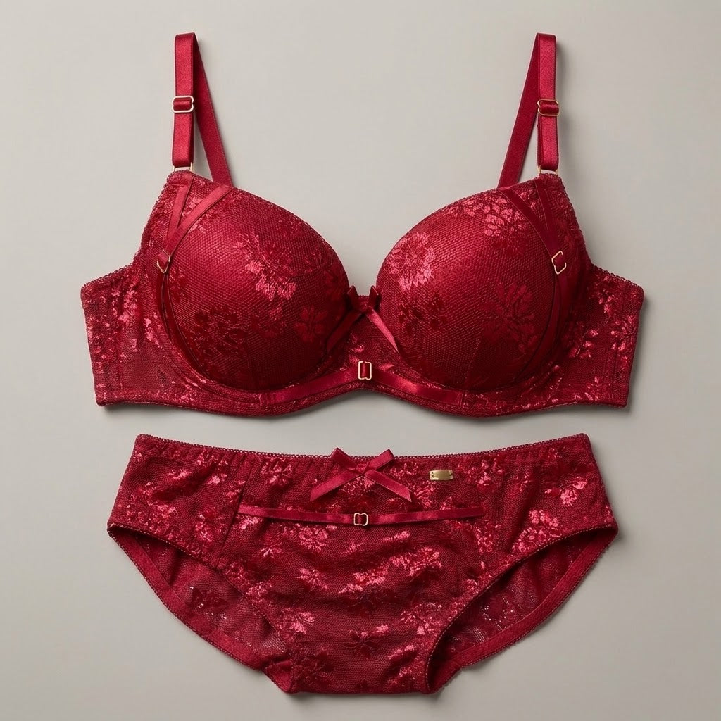 SilkeSoft Floral Embroidered Padded Lingerie Set – Wine Red4