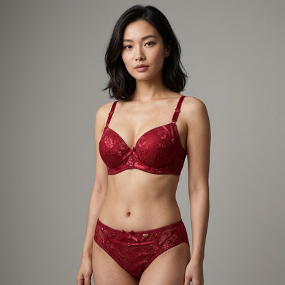 SilkeSoft Floral Embroidered Padded Lingerie Set – Wine Red