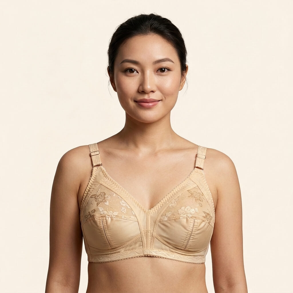 SilkeSoft nude cotton full coverage bra with floral embroidery, breathable cotton-blend fabric, adjustable straps, and wire-free everyday comfort.