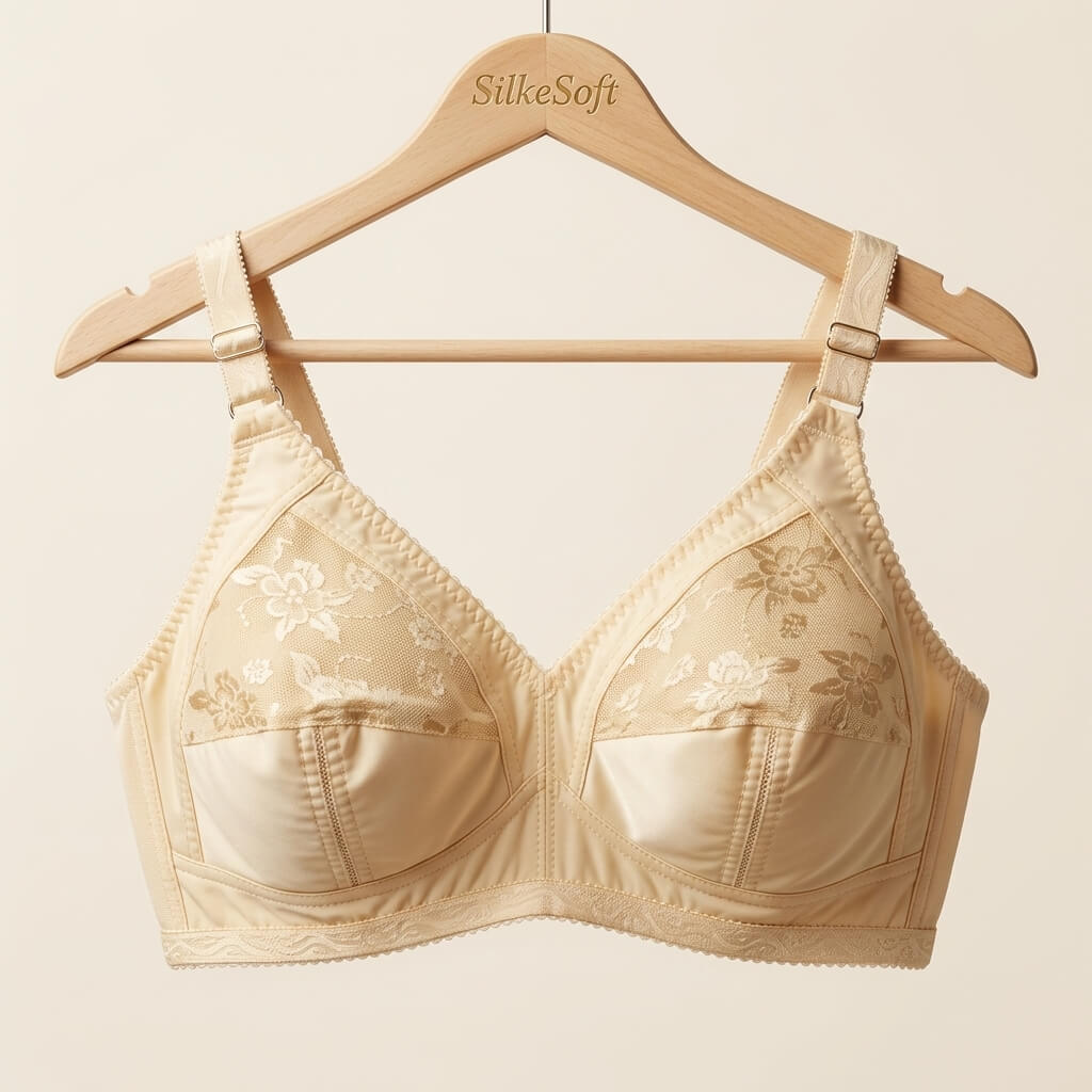 SilkeSoft nude cotton full coverage bra with floral embroidery, breathable cotton-blend fabric, adjustable straps, and wire-free everyday comfort.