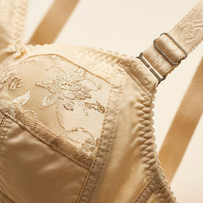 SilkeSoft nude cotton full coverage bra with floral embroidery, breathable cotton-blend fabric, adjustable straps, and wire-free everyday comfort.