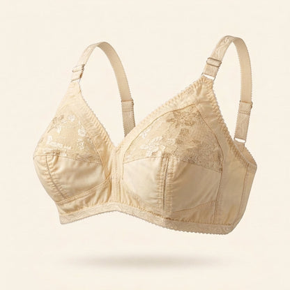 SilkeSoft nude cotton full coverage bra with floral embroidery, breathable cotton-blend fabric, adjustable straps, and wire-free everyday comfort.