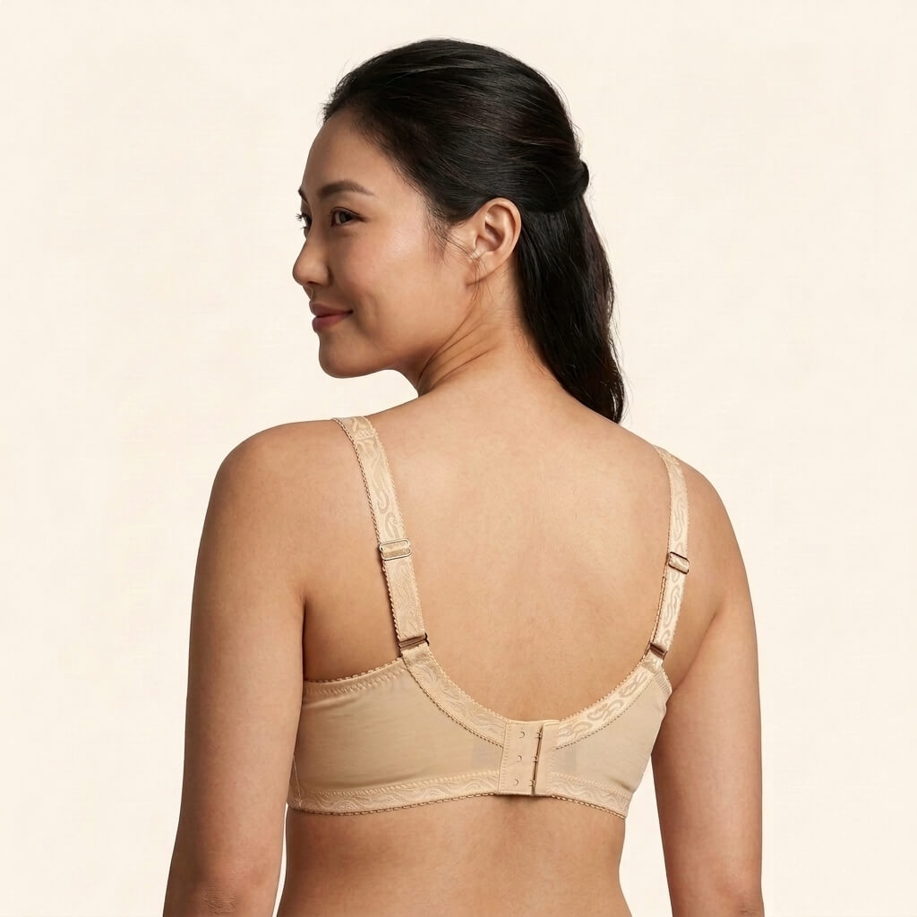SilkeSoft nude cotton full coverage bra with floral embroidery, breathable cotton-blend fabric, adjustable straps, and wire-free everyday comfort.