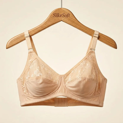 SilkeSoft nude floral lace full coverage wire-free bra featuring breathable fabric, non-padded cups, adjustable straps, and elegant floral embroidery for everyday comfort.