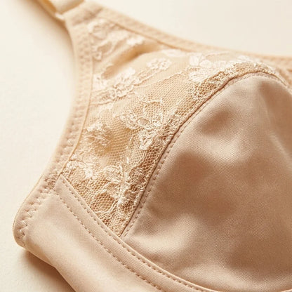 SilkeSoft nude floral lace full coverage wire-free bra featuring breathable fabric, non-padded cups, adjustable straps, and elegant floral embroidery for everyday comfort.